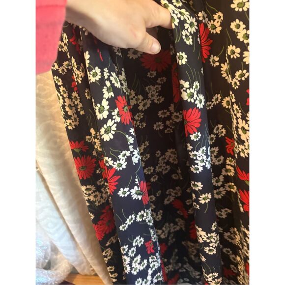 Madewell Floral Print Midi Dress Short Sleeve Tie Detail Black Red‎ Casual - Picture 9 of 13